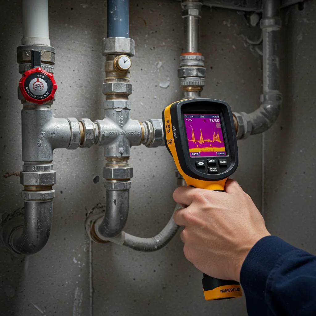Plumber using a thermal imaging camera to detect leaks in a plumbing system