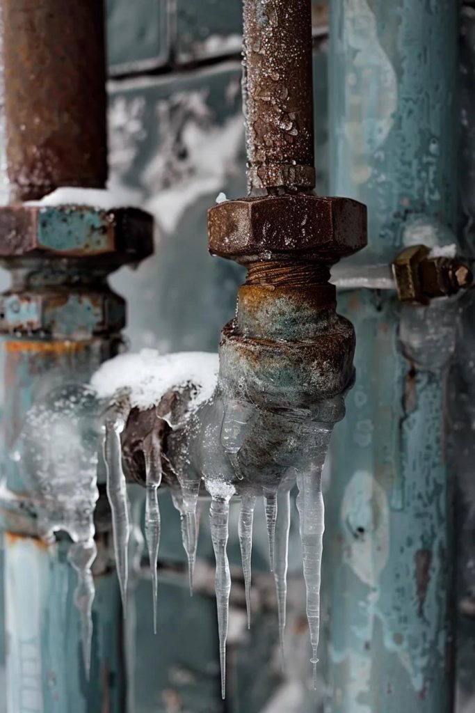 Close-up of a frozen pipe in a basement, emphasizing the importance of early detection and repair