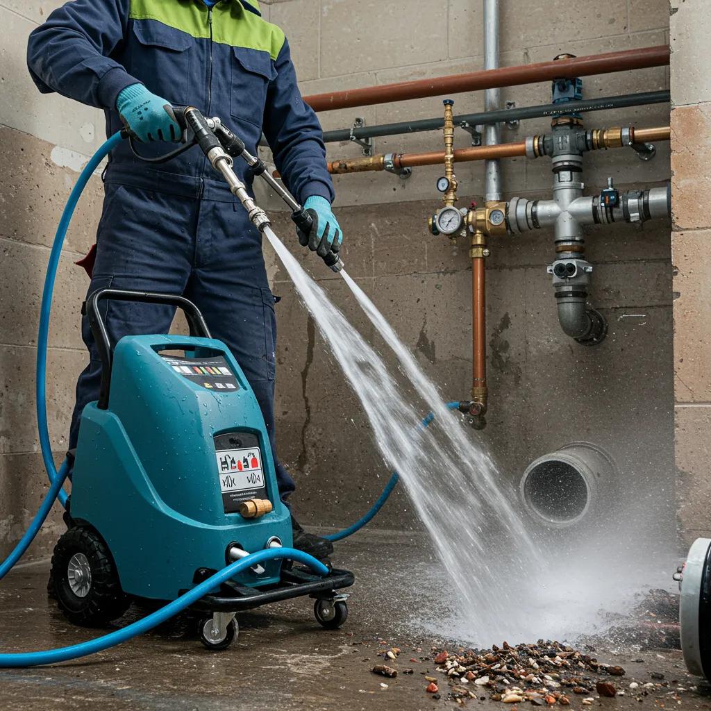 Plumber using a hydro jetting machine to clear tough clogs in plumbing pipes