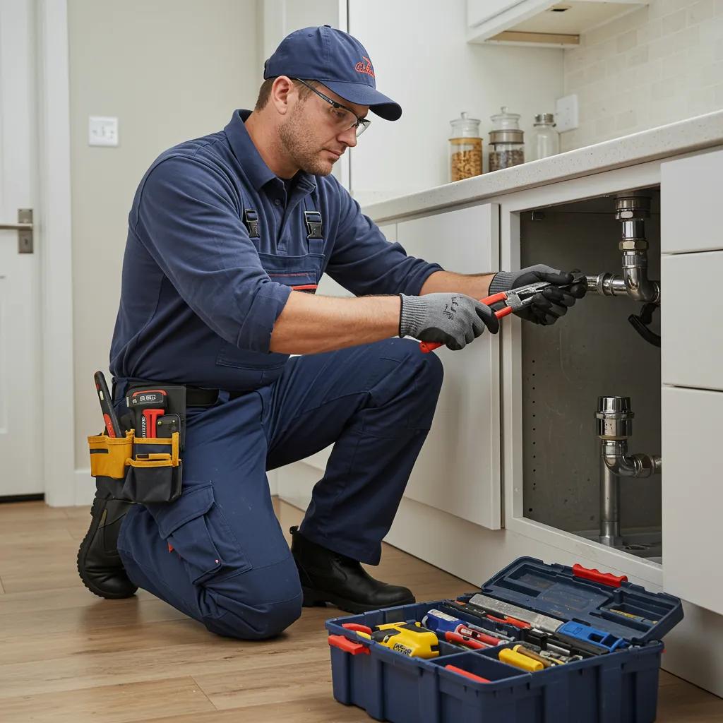 Skilled plumber fixing a plumbing fixture in a modern kitchen