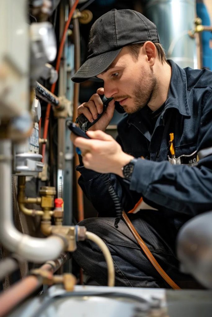 Step-by-step emergency plumbing process showing a technician on the phone, diagnosing issues, and performing repairs