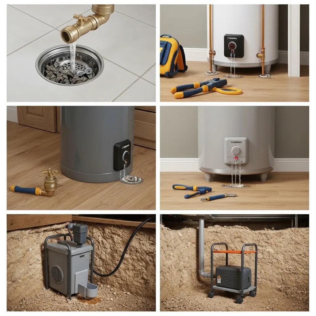 Common emergency plumbing problems including a clogged drain, leaking water heater, and sump pump in a basement