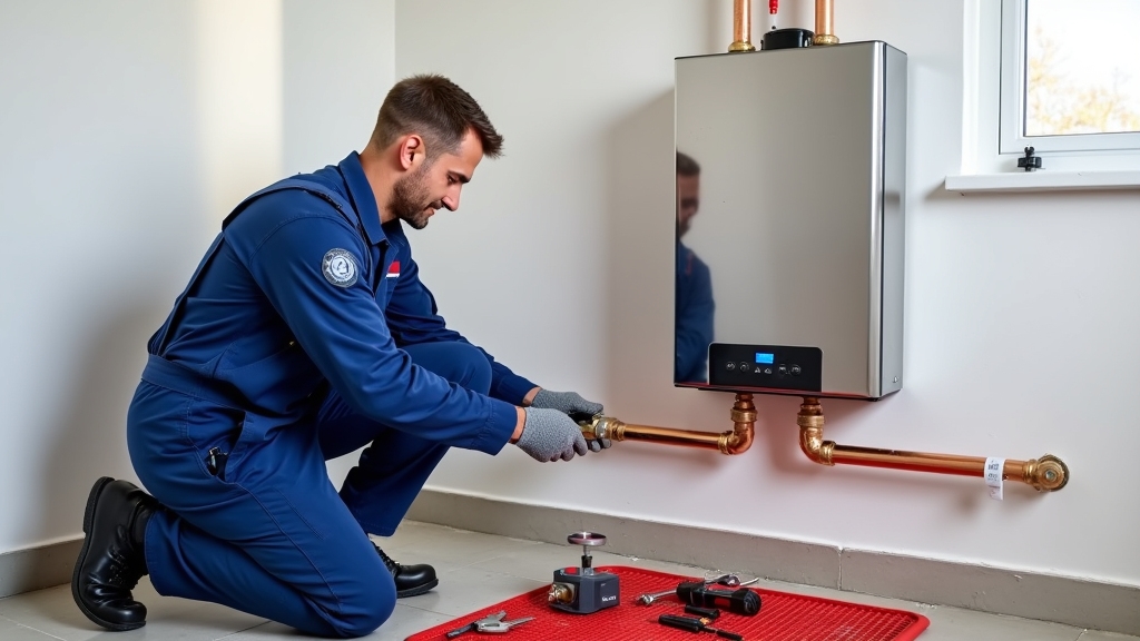 Create a photograph showing a professional plumber kneeling beside a newly installed tankless water