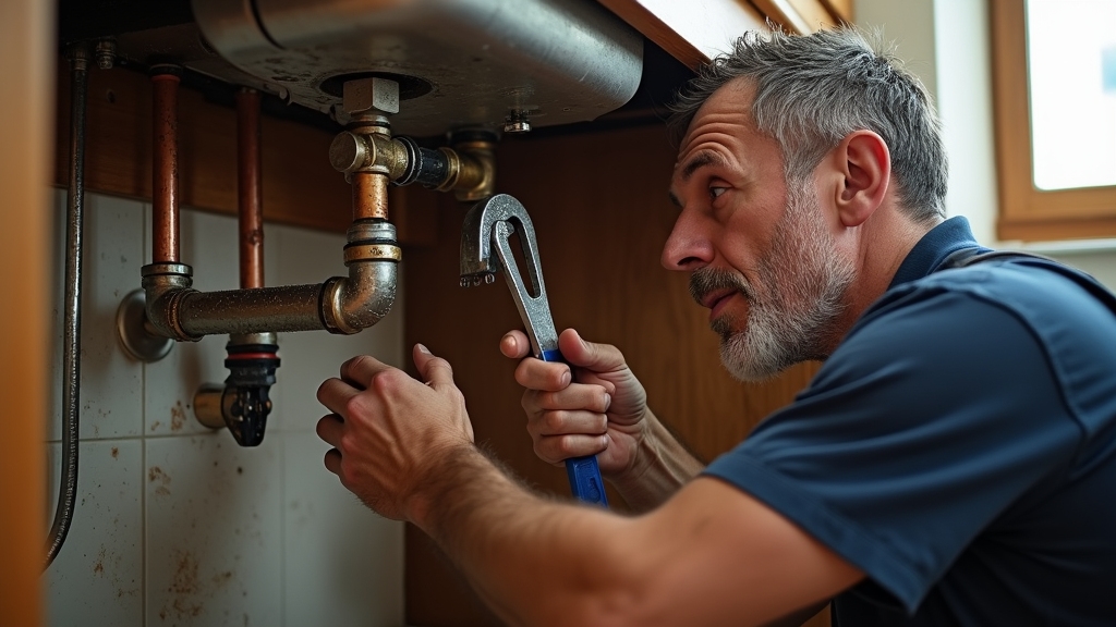 Capture an experienced plumber in action beneath a kitchen sink, focused intently on fixing a leaking pipe.