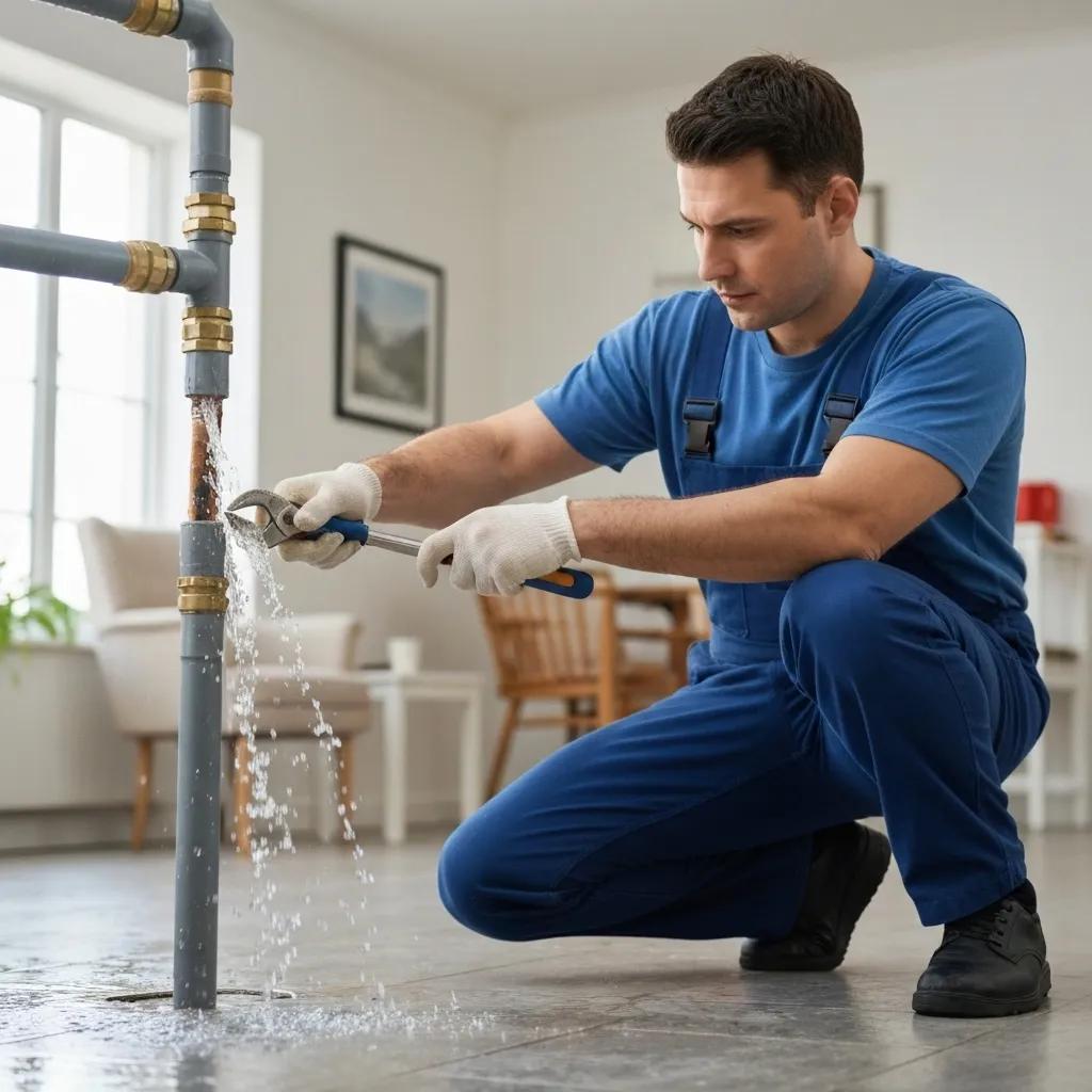 Professional plumber fixing a burst pipe in a home, highlighting emergency plumbing services