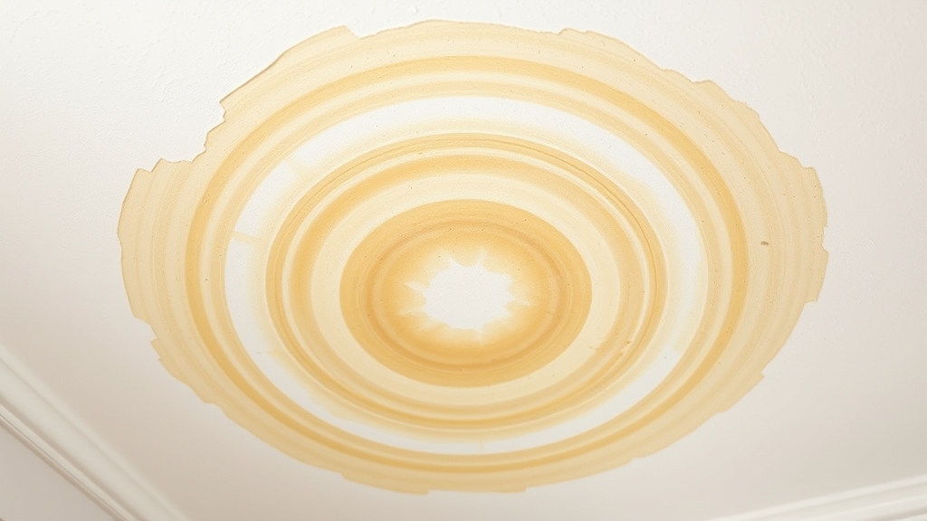 Ceiling stain with concentric yellowish-brown rings indicating potential water damage from hidden pipe leaks, relevant to plumbing inspection and leak detection.