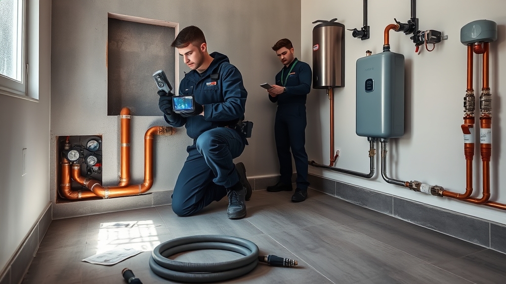 Certified technicians using advanced leak detection equipment in a plumbing setting, focusing on diagnostic tools for burst and hidden leaks.