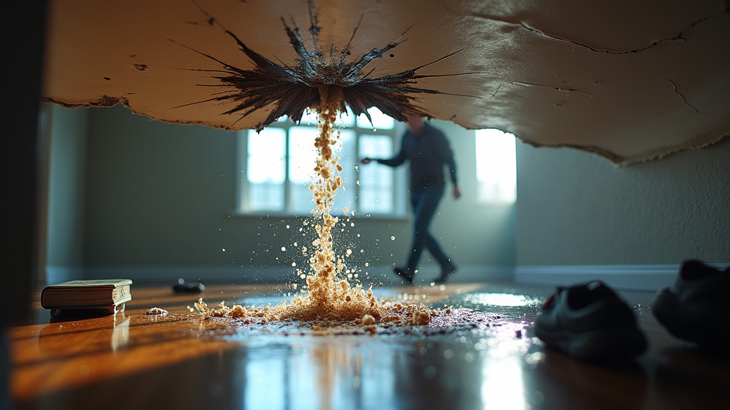 Active water leak causing ceiling damage, water pooling on floor, person walking in background, urgent need for emergency plumbing services.
